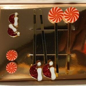 NWOT 2 Sets Christmas Earrings With Matching Hair Pins Peppermints & Santa Hats